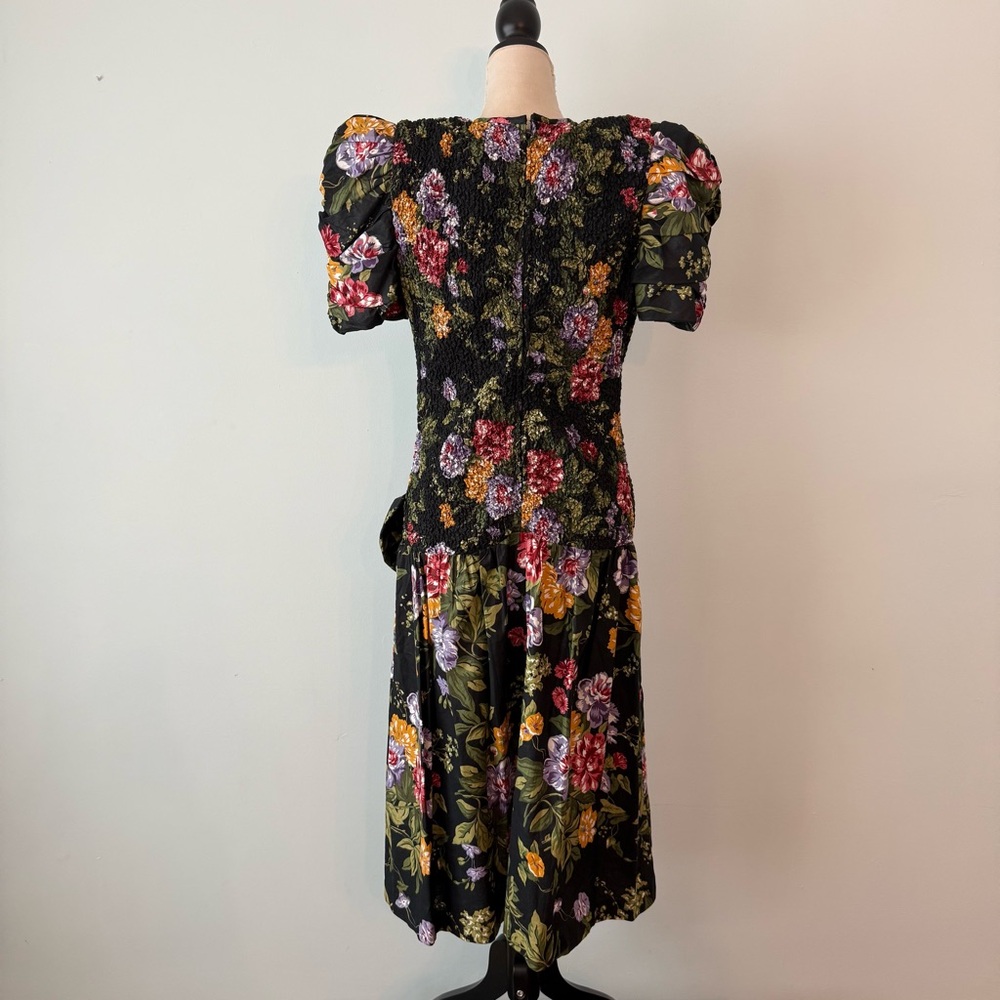 🌸🌼Phoebe Petite Black Floral Smocked Dress Drop Waist Bow Puff Sleeve Romantic - Picture 9 of 14
